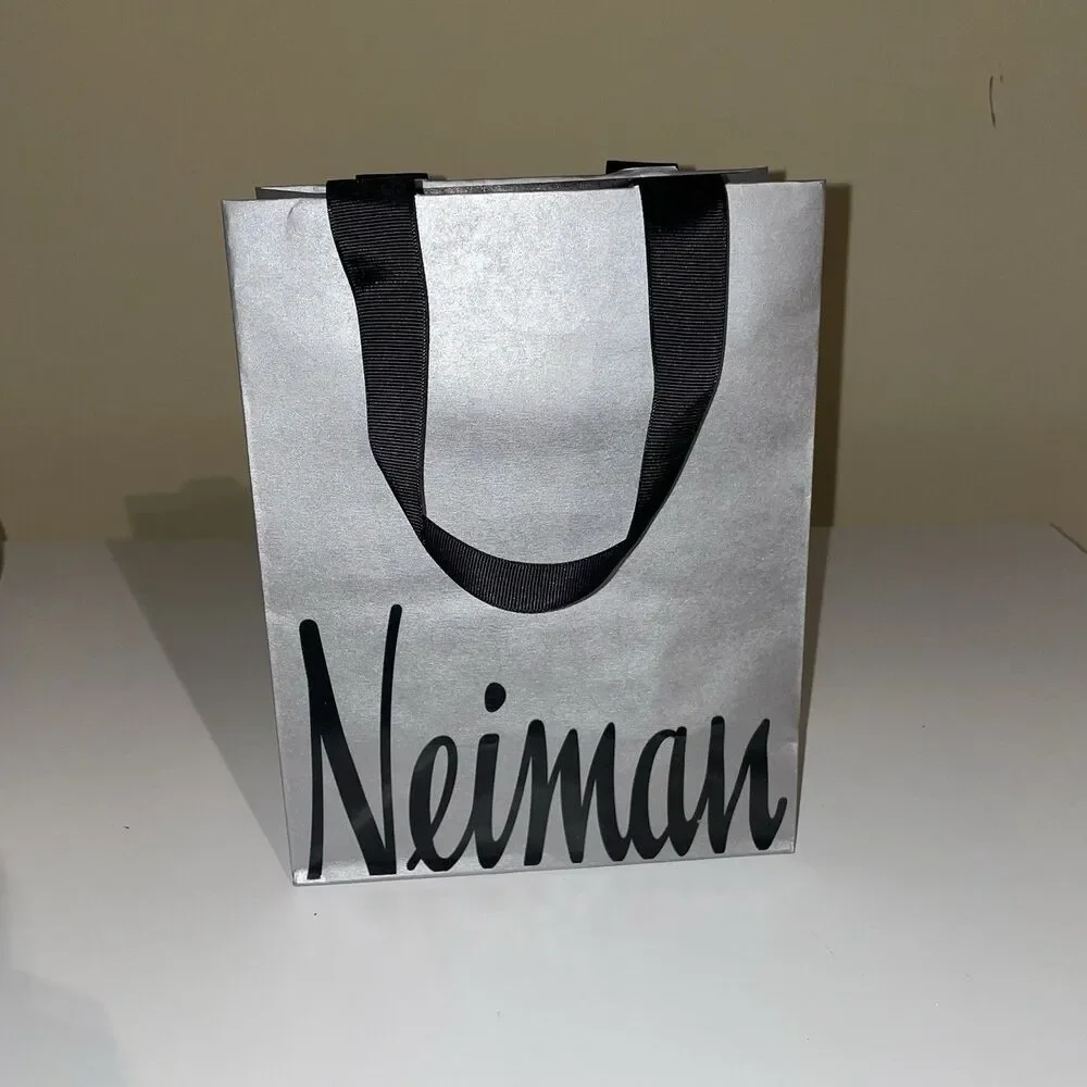 Neiman Marcus Empty Paper Grey Silver Shopping Bag Black Handles 9 x 7 x 4